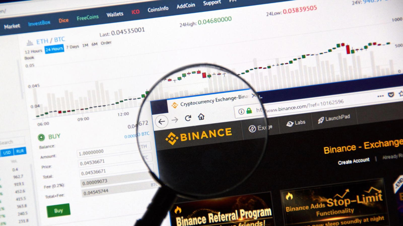 Kryptobörs på en skärm med fokus på Binance.