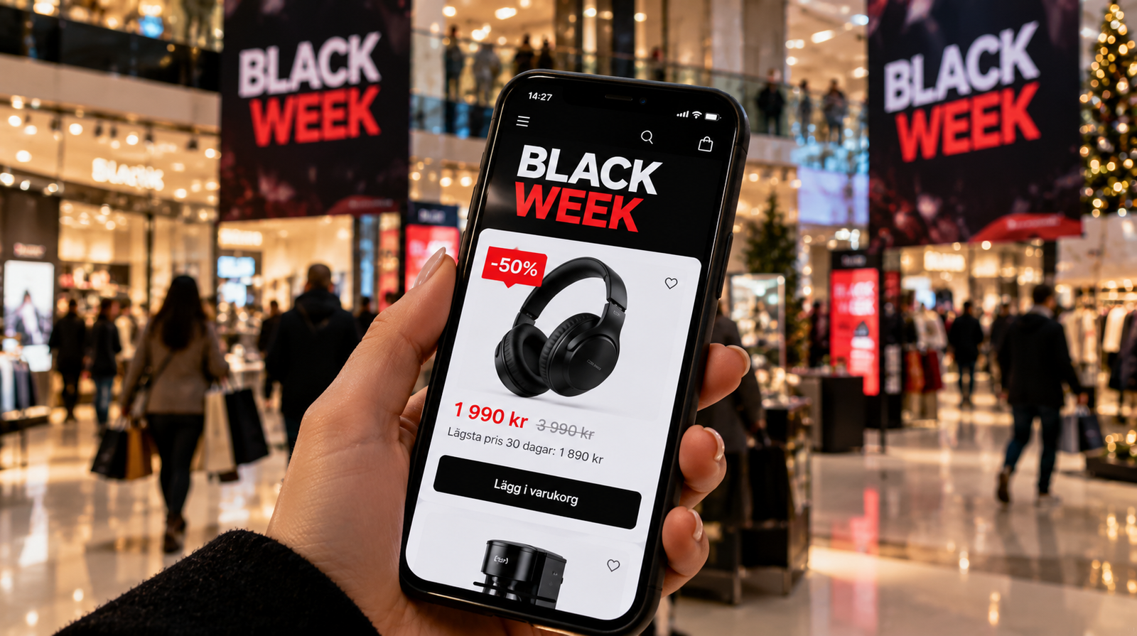 Köpcentrum i bakgrnden och hand som håller mobil med nätbutik som har Black Week erbjudanden.
