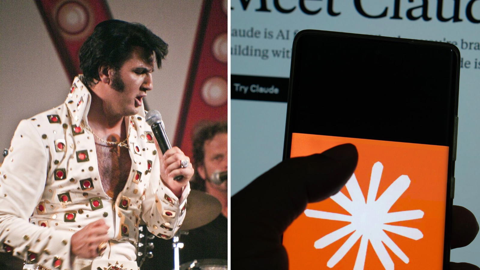Elvis Presley och en hand som håller mobil med Claudes logga.
