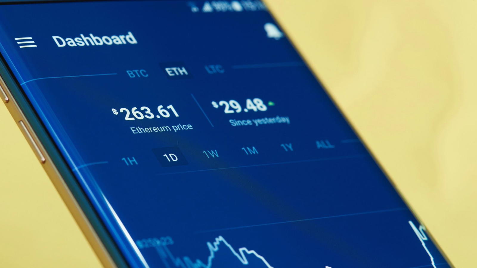 En mobil med krypotkurser som visas på skärmen.