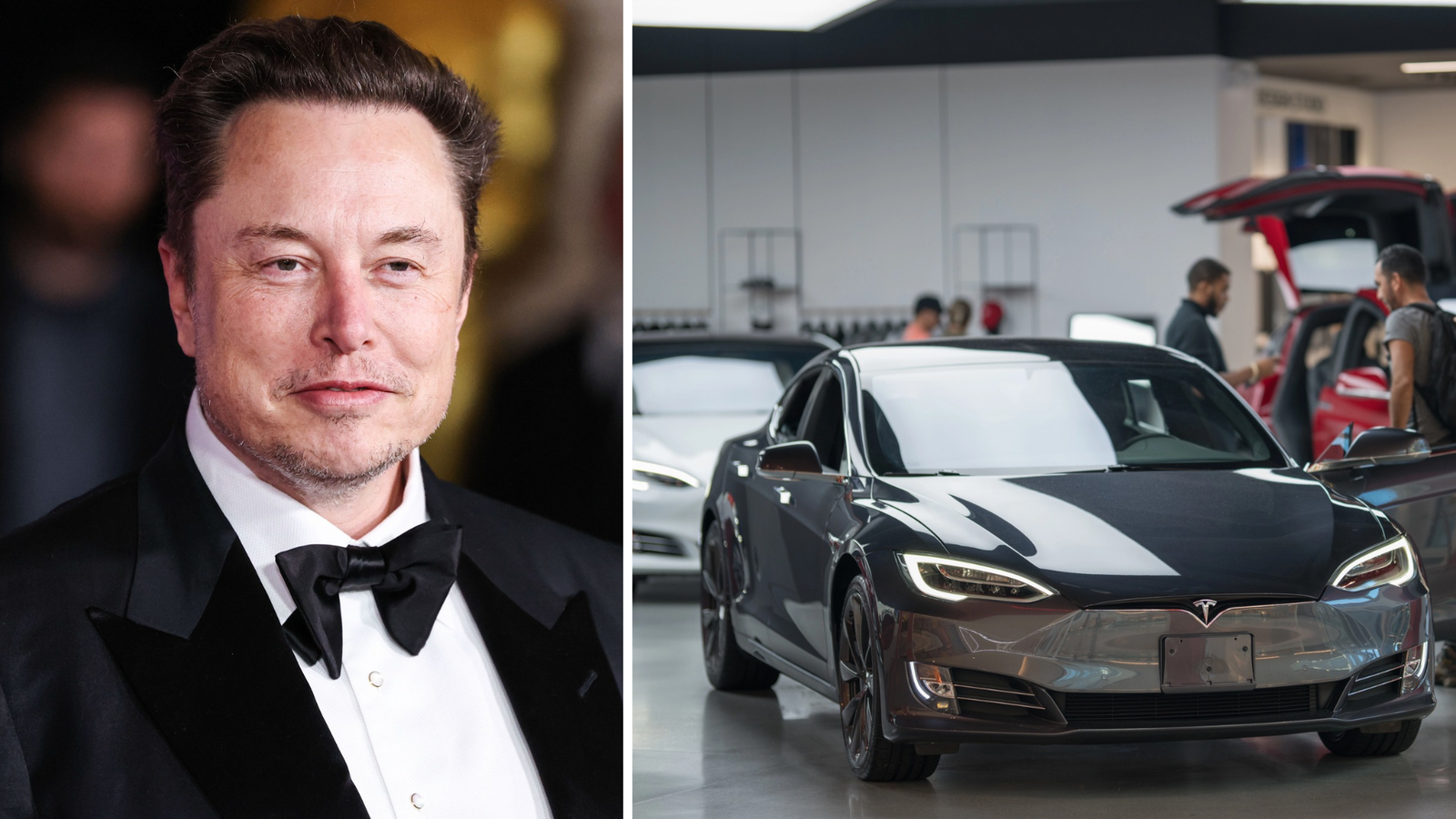 elon musk till vänster och en teslabil till höger