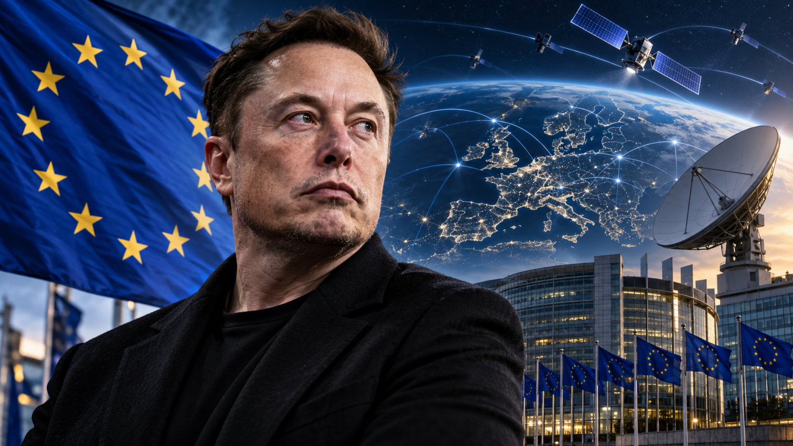 elon musk, starlink sateliter och eu flaggor