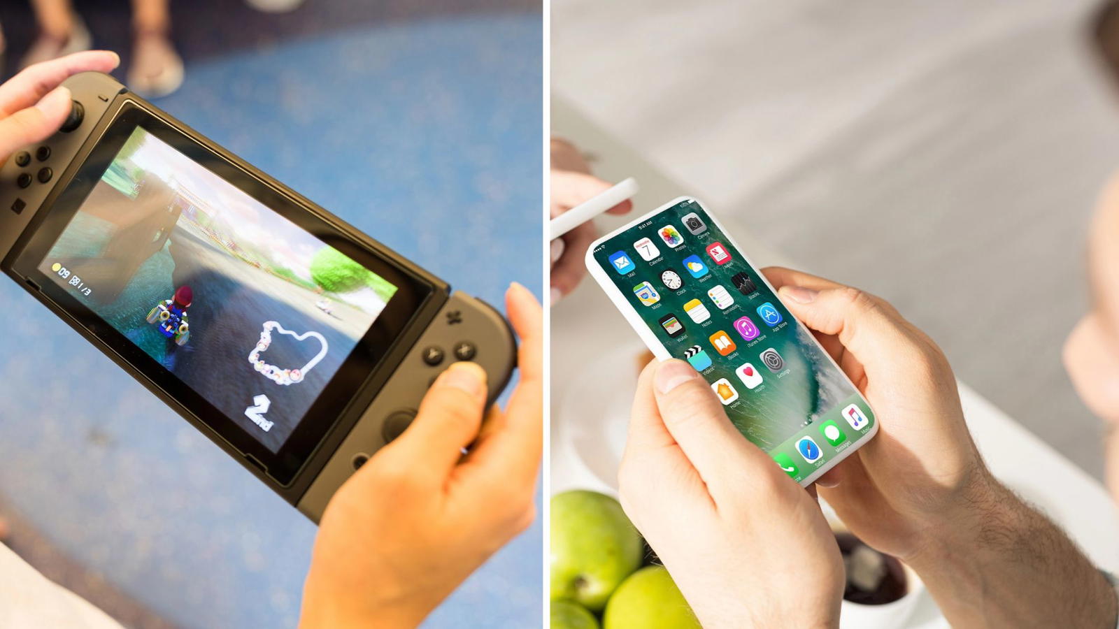 Person som håller i iPhone och person som håller i Nintendo Switch