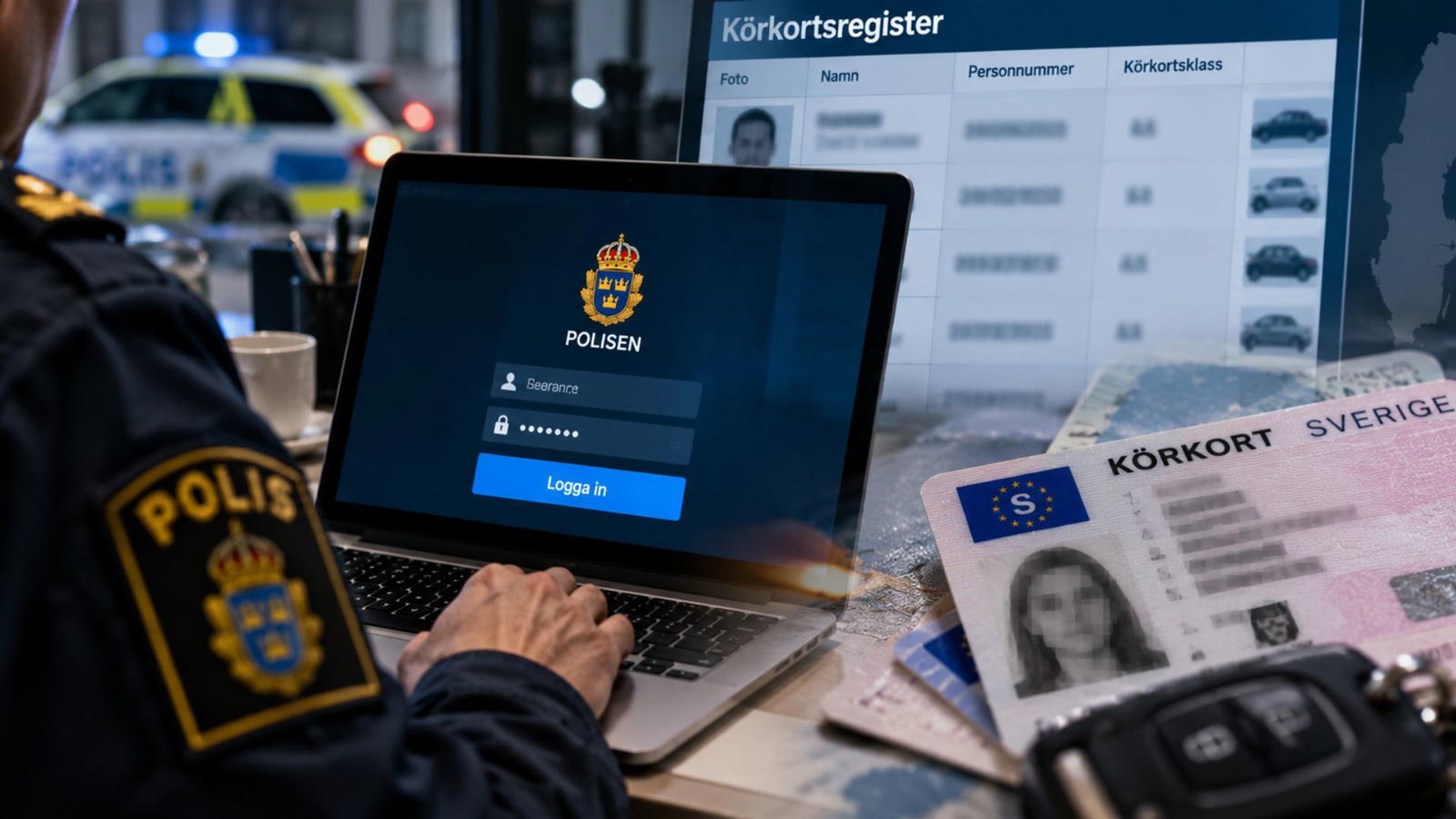 Polis framför dator med inlogning och körkort vid sidan av.