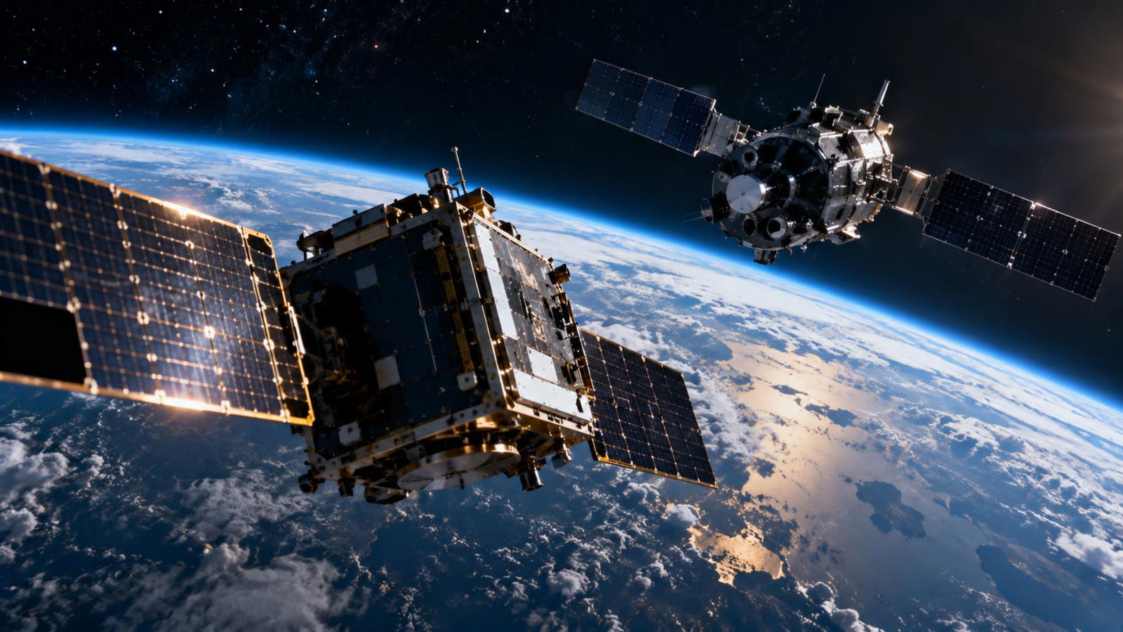 Två satelliter i rymden med utsikt över jorden.