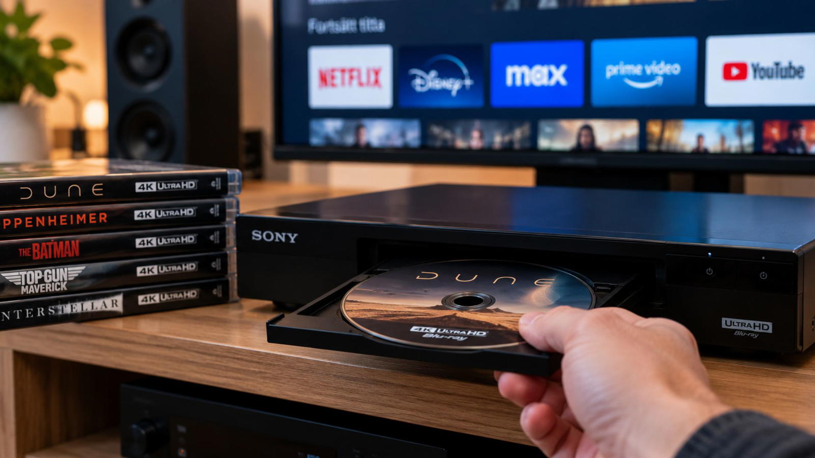 Tv med streamingtjänster i bakgrunden och och en dvd blu ray spleare från SOny med filmer bredvid.