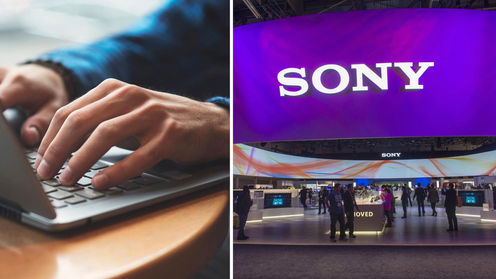 Sonys logga på byggnad och person vid laptop