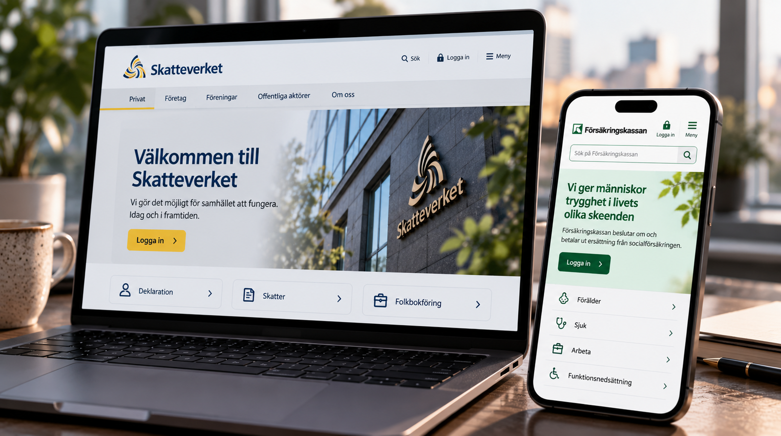 En dator med skatteverkets hemsida uppe och en mobil med Försäkringskassans hemsida uppe.